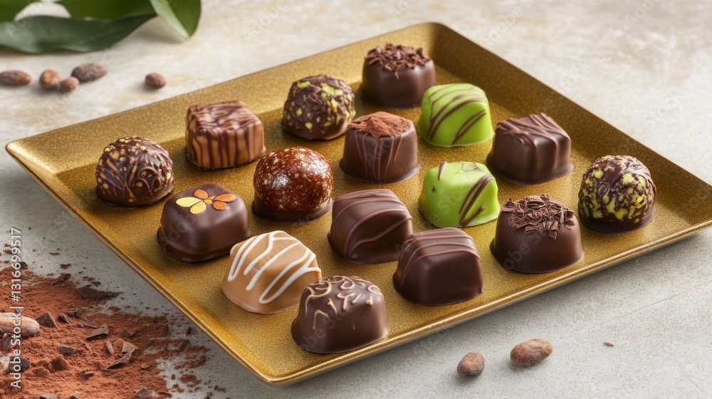 Poster assorted chocolate pralines with intricate designs and fillings on a gold tray, surrounded by cocoa 