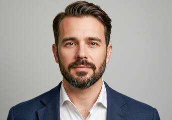 A confident man in his mid-30s with neatly styled hair and a well-groomed beard, wearing a navy blue suit and white shirt, exuding professionalism and sophistication against a neutral background.