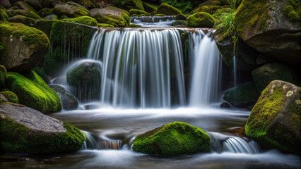 Obraz premium Serene Cascading Waterfall Surrounded by Lush Greenery and Mossy Rocks