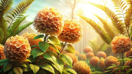 Sienna Hydrangeas Growing Among Ferns in Sun-Kissed Forest Scene