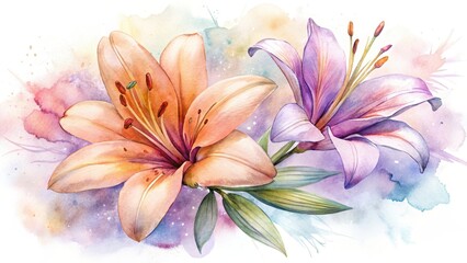 Fototapeta premium Gentle Watercolor Lilies in Peach and Lilac Hues on Soft Background