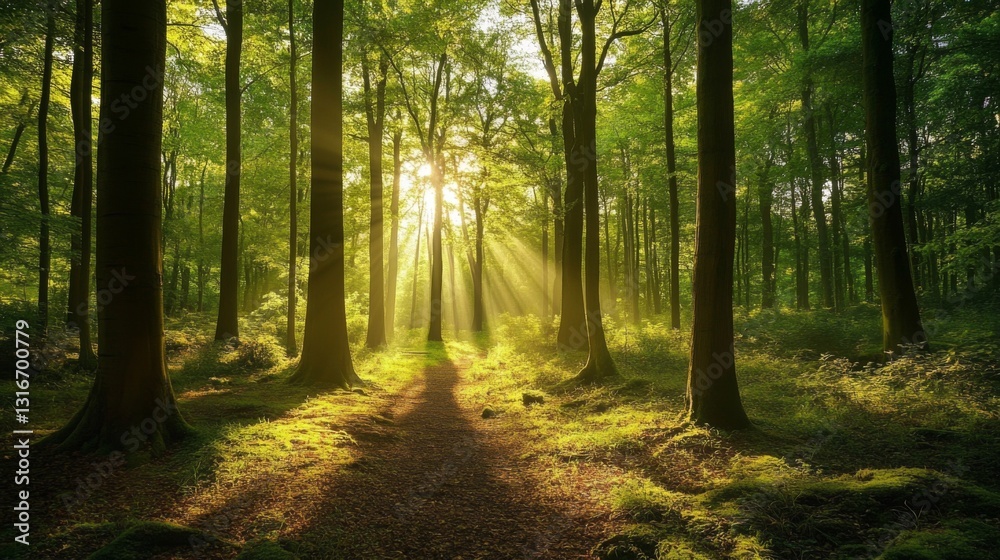 Poster a beautiful forest scene with tall trees and dappled sunlight filtering through the leaves, highligh