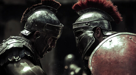 Two armored gladiators facing off in intense battle scene with helmets, shields, and historical atmosphere