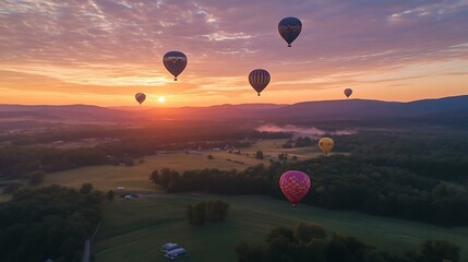 Colorful hot air balloons floating over a scenic valley at sunrise
