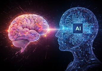 Human Brain AI Fusion Vibrant Digital Art. AI Generated