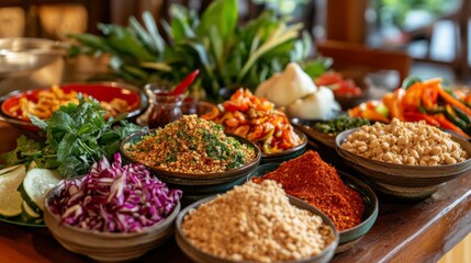 Fototapeta premium A close-up of a colorful assortment of Thai spices and condiments arranged on a wooden table, showcasing the rich flavors that define Thai cooking.