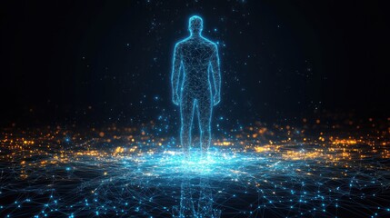 Digital Human Silhouette, Cityscape Background, Abstract,  Concept Image