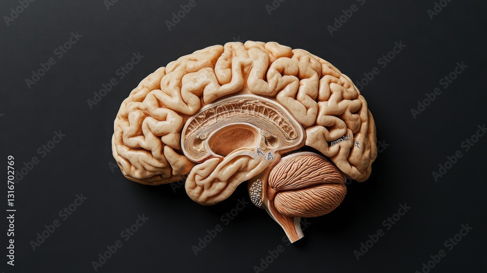 Poster A close-up view of a human brain with labeled anatomical parts, placed on a sleek black background for a clean, educational representation of its features.