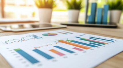 A close-up view of a financial chart with various colored lines depicting market performance over time, set on a sleek desk with a blurred background.