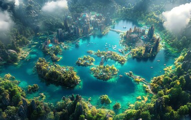 Obraz premium Aerial view of a breathtaking fantasy city nestled within a vibrant, turquoise lake, surrounded by lush greenery and majestic architecture