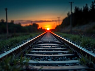 Obraz premium Sunset Railroad Tracks Warm Light Dramatic Perspective. AI Generated