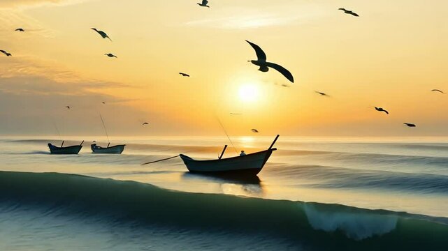 Tranquil dawn scene of boats floating on the ocean with birds flying above