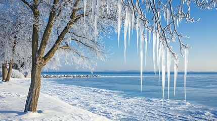 Frosty winter landscape with icicles hanging from tree branches and a frozen lake