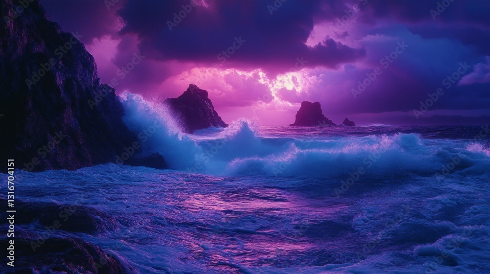 Poster majestic waves crash against dark cliffs as the sky erupts in vivid purple and pink shades, creating