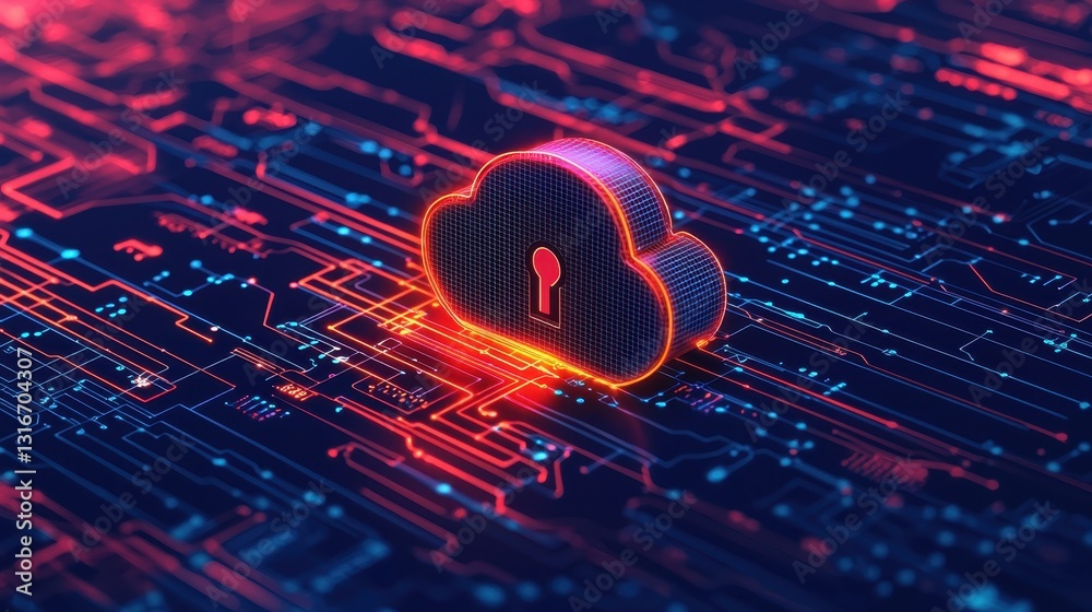 Poster a digital illustration of a cloud symbol with a keyhole, representing cloud security and data protec