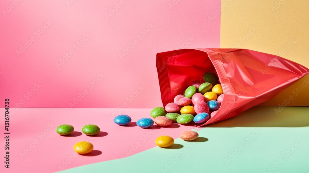 Poster a dynamic image of a handful of assorted candies spilling from a colorful bag onto a bright surface,