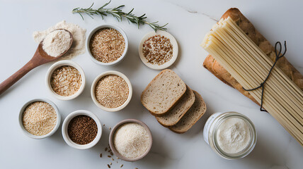 Gluten-free A variety of baking ingredients arranged on a marble countertop with fresh herbs and pasta