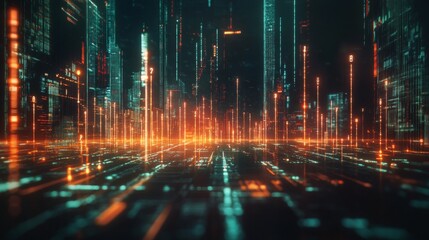 A futuristic digital financial graph with glowing lines and markers, illustrating the movement of stocks and market performance against a dark backdrop.