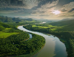 Fototapeta premium Fotografía profesional, tranquila belleza de un río serpenteante, deslizándose elegantemente a través de un panorama verde, sus aguas tranquilas refleja el mundo encantador que lo envuelve, 4k
