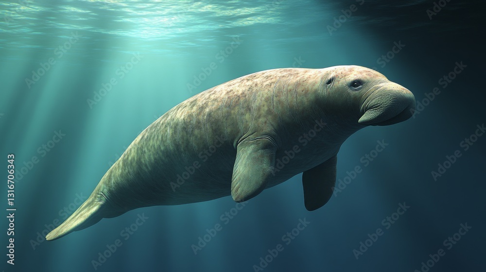 Poster a panoramic view of a dugong swimming gracefully through the open ocean, with rays of sunlight penet