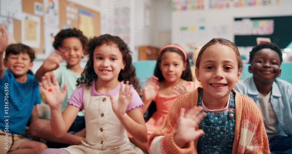 Poster Education, face and wave with group of students in classroom together for development or learning. Friends, growth and smile with children on floor at school for greeting, hello or scholarship