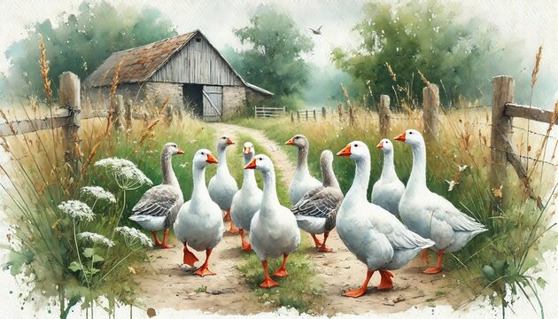 Aquarellgem&auml;lde von G&auml;nsen vor einer Scheune, die auf einem Bauernhof spazieren gehen, ideal f&uuml;r l&auml;ndliche Dekorationen und Tierliebhaber.