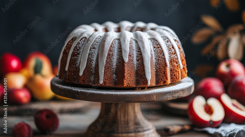 Poster a rustic bundt cake drizzled with icing and sprinkled with powdered sugar, displayed on a wooden cak
