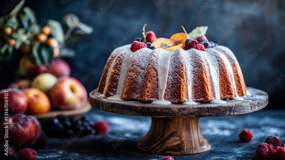 Poster a rustic bundt cake drizzled with icing and sprinkled with powdered sugar, displayed on a wooden cak