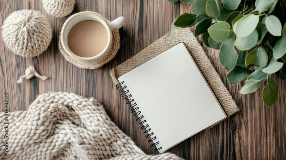 Aufkleber a warm cup of coffee rests beside a blank notepad on a soft knitted blanket, surrounded by greenery.