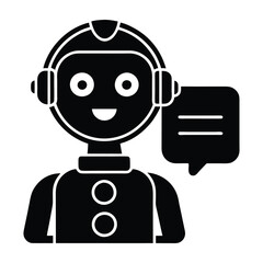 A black and white illustration of a robot wearing headphones with a speech bubble. Digital networks Graphic resource for design