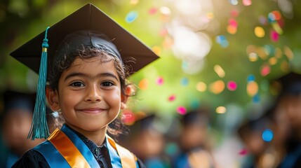 Adorable kindergarten graduation ceremony children in colorful caps and gowns cheerful atmosphere balloons confetti proud parents capturing moments in warm sunlight