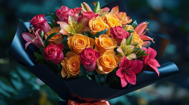 Elegant bouquet of fresh roses, lilies, and orchids wrapped in satin, celebrating graduation with vibrant colors and soft lighting, a perfect congratulatory gift
