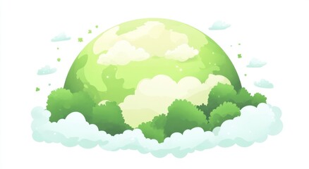 Cartoon Earth Floating on Clouds, Lush Green Landscape, Peaceful Scene, Educational Illustration
