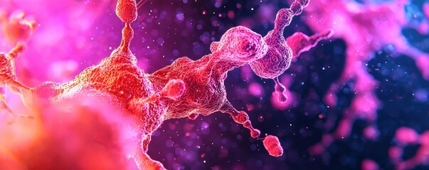 A vibrant, abstract representation of molecular structures, featuring bright pink and purple hues, evoking a sense of science and creativity.