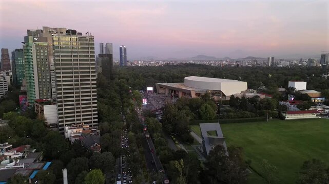 Flying over Polanco area and revealing Campo Marte and the National Auditorium. Mexico City.
