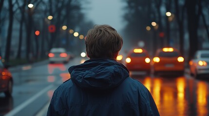 Person Standing on Wet Street in Rainy Evening with Traffic Lights