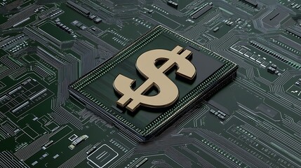 Digital Currency Symbol on Circuit Board: A 3D Render AI Generated