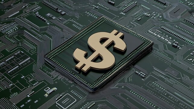 Digital Currency Symbol on Circuit Board: A 3D Render AI Generated