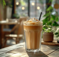 Delicious Iced Coffee Drink With Layers of Cream and Ice Served in a Glass