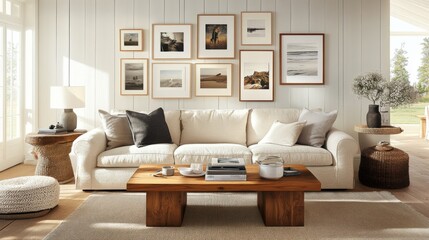 A stylish living room with a gallery wall filled with framed photographs and artwork, paired with a cozy sofa and chic coffee table for an artistic touch.