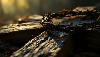 A wooden cross with a crown of thorns resting on it, illuminated by soft morning light. The scene symbolizes Christ&rsquo;s suffering, sacrifice, and resurrection, evoking deep spiritual reflection and fait