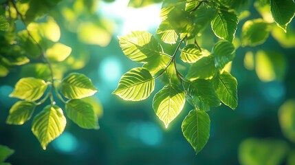 A sentimental natural image of green broadleaf tree leaves illuminated by bright sunlight in the middle of a blue sky.