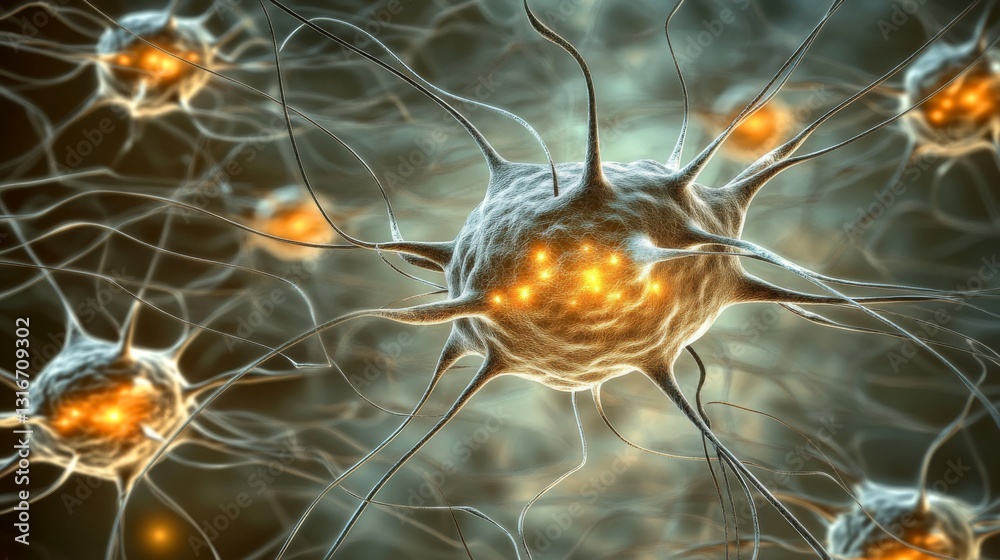Fototapete A visually striking D rendering of a human brain with glowing synapses and neural connections, set against a gradient background to emphasize its dynamic activity.