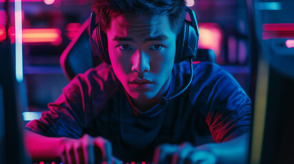 Fototapeta premium Professional gamer in deep concentration, intense focused look, cyberpunk-style lighting, sharp clarity