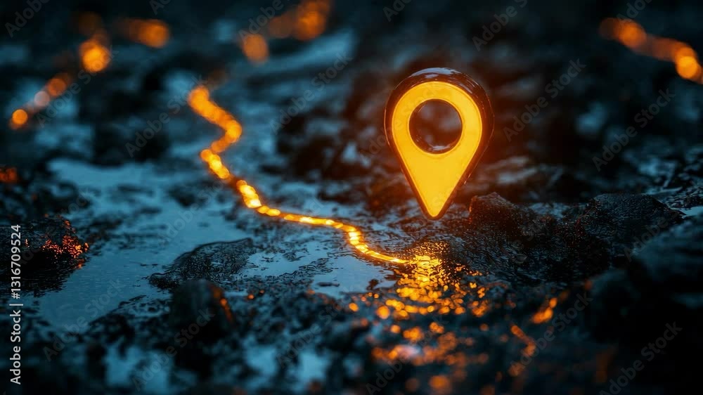 Aufkleber glowing gps location pin on wet dark surface with neon orange path, navigation concept