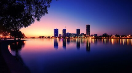 Sparkling city skyline reflecting on calm river waters during twilight