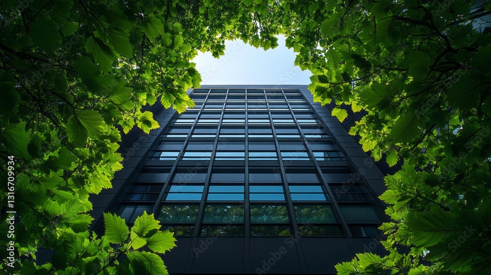Poster bright sunlight filters through vibrant green leaves, creating a natural frame around a sleek glass 