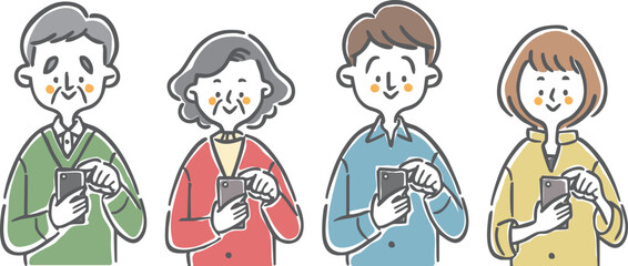 Obraz premium スマホを操作する二世帯家族 上半身 ベクター