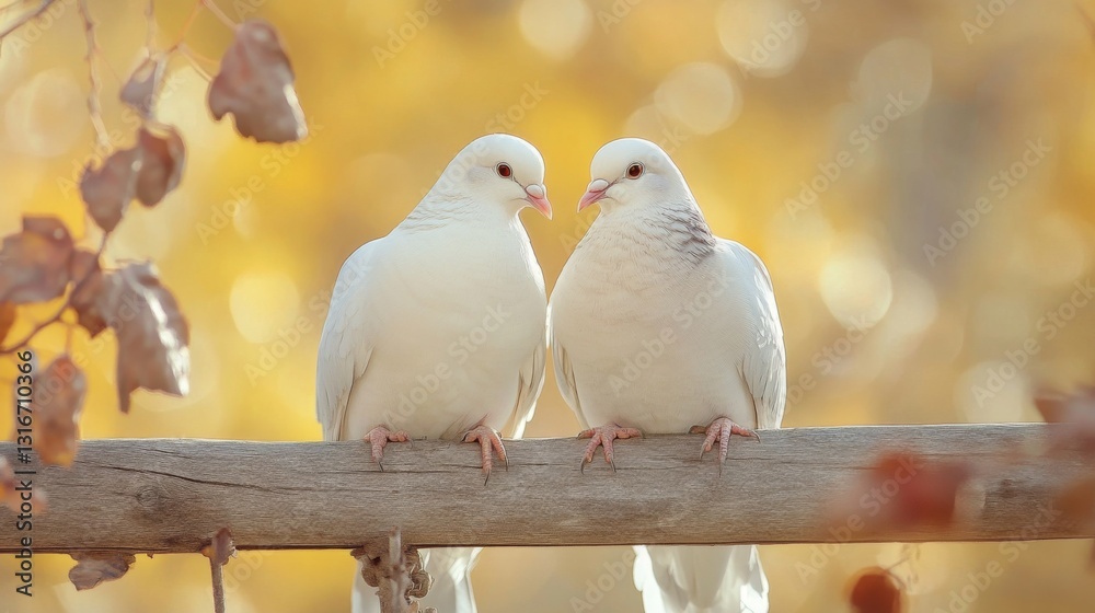 Poster close-up of two doves sitting side by side on a wooden fence, feathers soft and delicate, conveying 