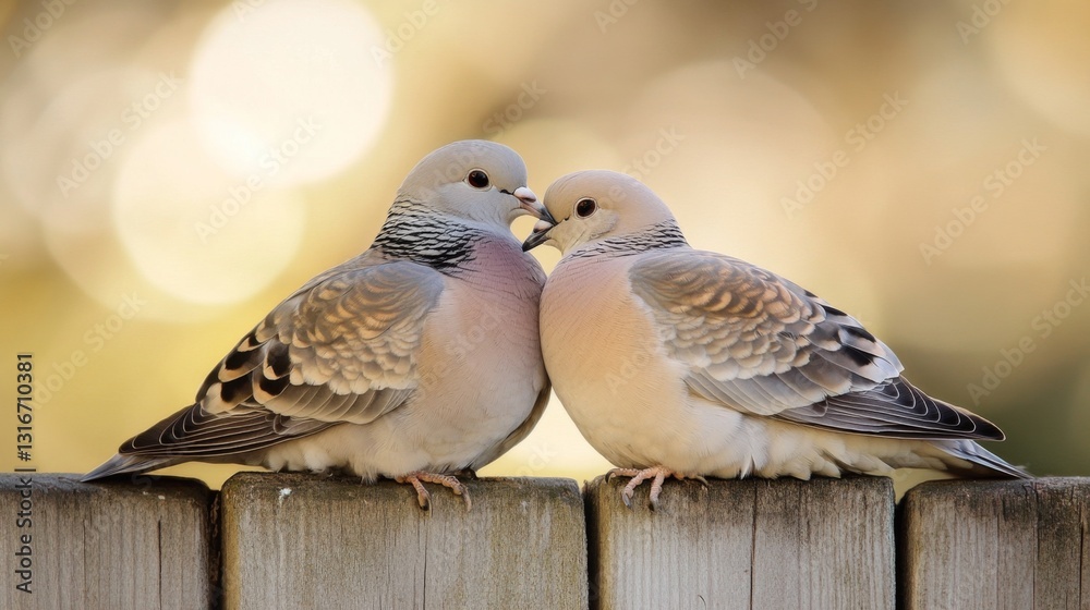 Poster close-up of two doves sitting side by side on a wooden fence, feathers soft and delicate, conveying 